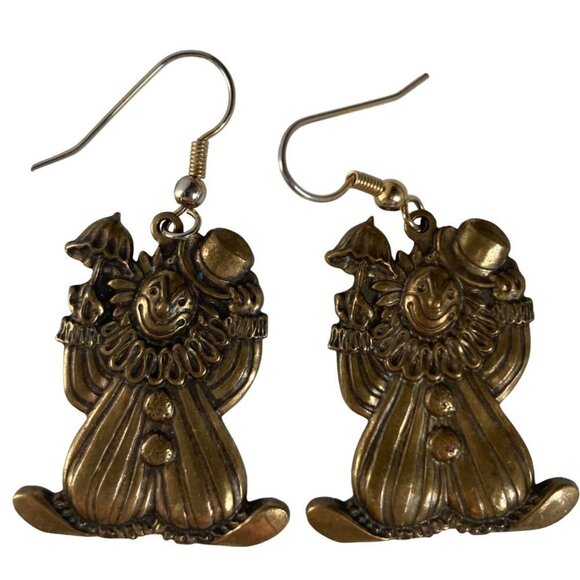 Vintage Brass Clown Earrrings Dangle Circus Clown Lightweight 1.25 inch - Picture 1 of 6